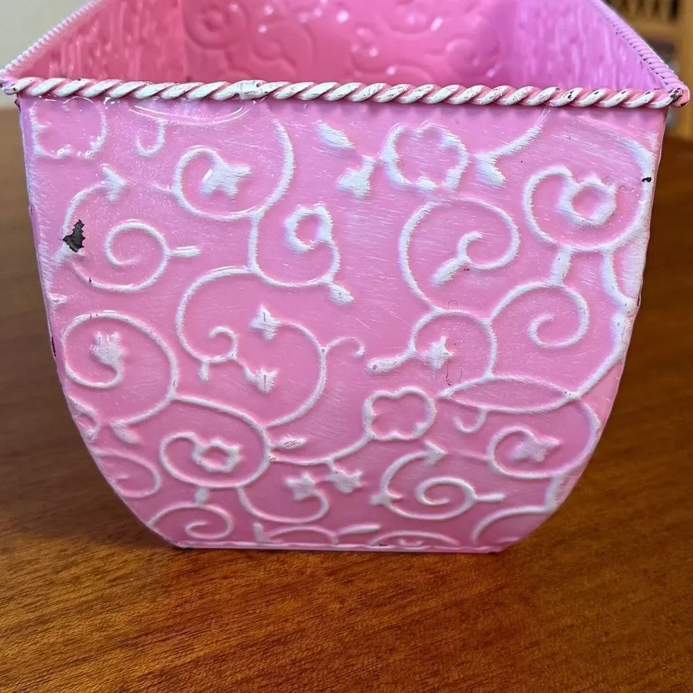 Pink Embossed Decorative Tin Planter Or Decorative Bin
